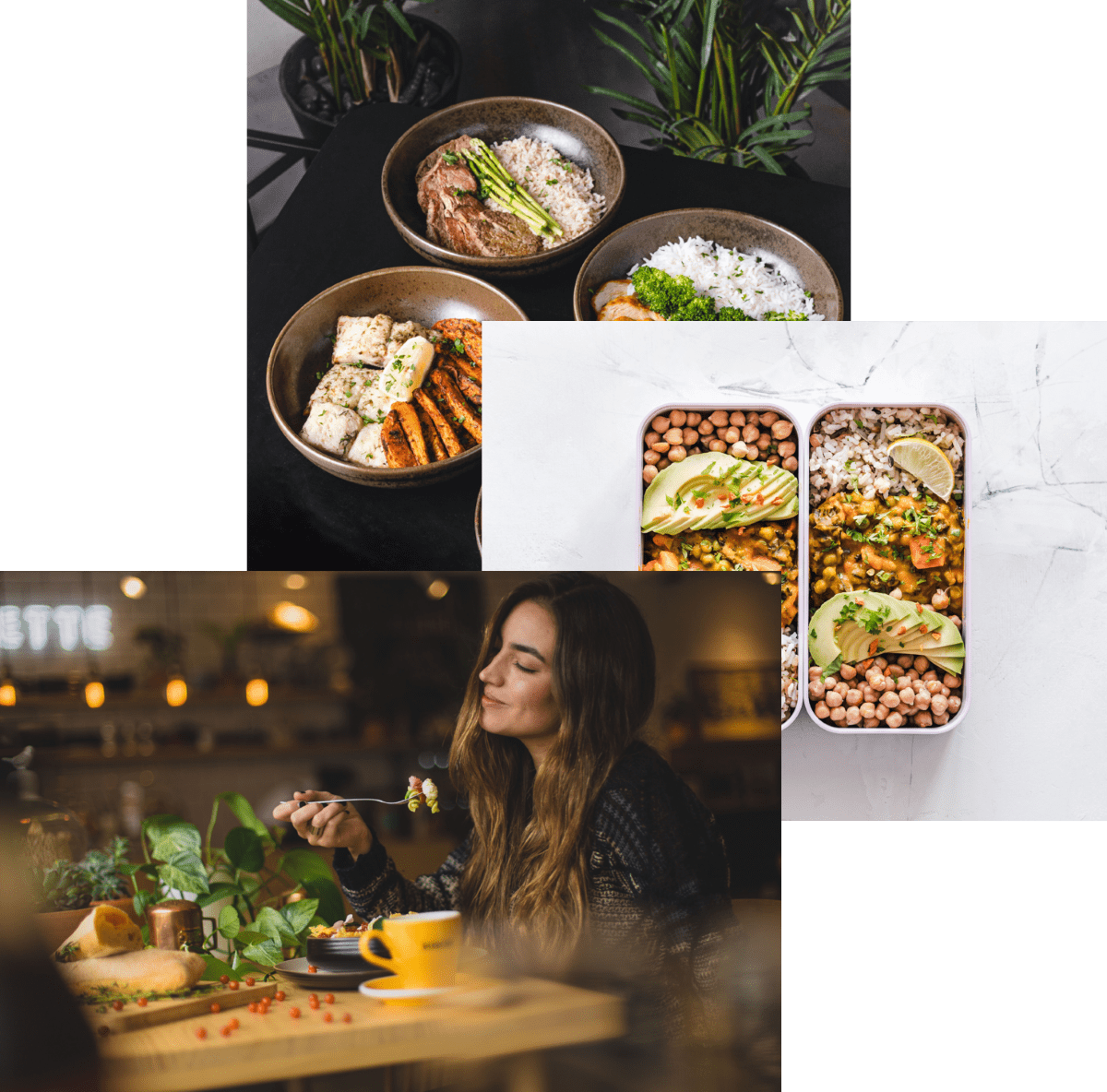 Woman enjoying food, meals in storage container and food bowls on a table.